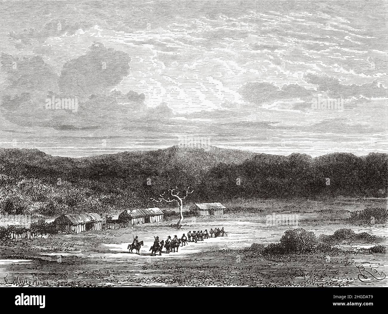 Plaine et Ranch de Thyo, sud du Pérou.Amérique du Sud.Vieux 19th siècle, illustration gravée de Journey Across South America par Paul Marcoy, le Tour du monde 1870 Banque D'Images