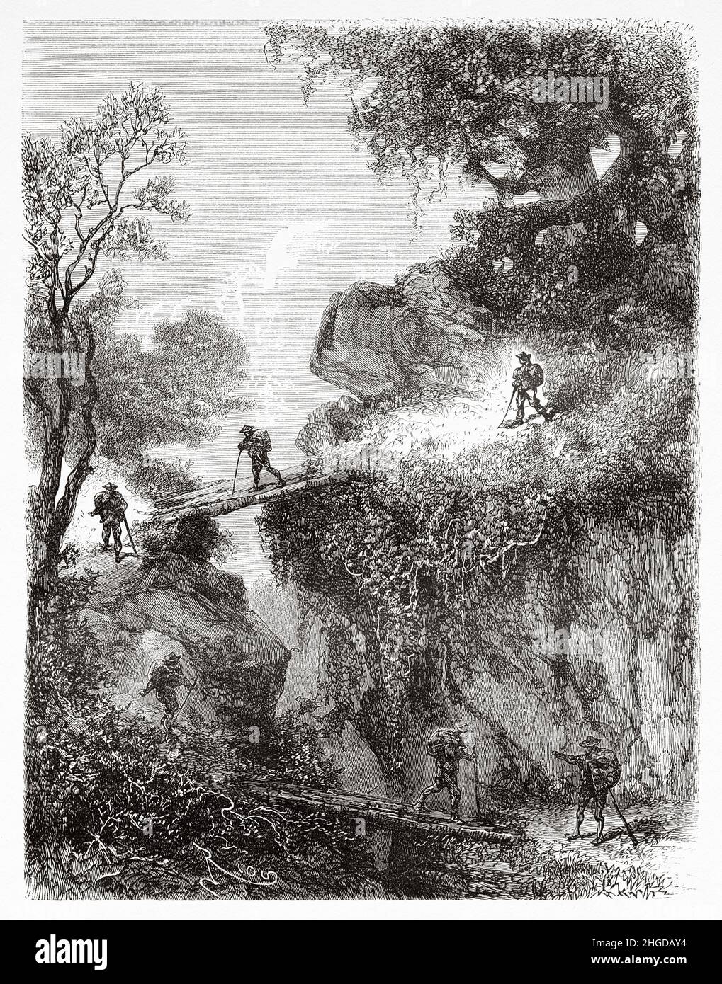 Pont construit avec des troncs d'arbres pour traverser des cours d'eau dans la montagne, au sud du Pérou.Amérique du Sud.Vieux 19th siècle, illustration gravée de Journey Across South America par Paul Marcoy, le Tour du monde 1870 Banque D'Images