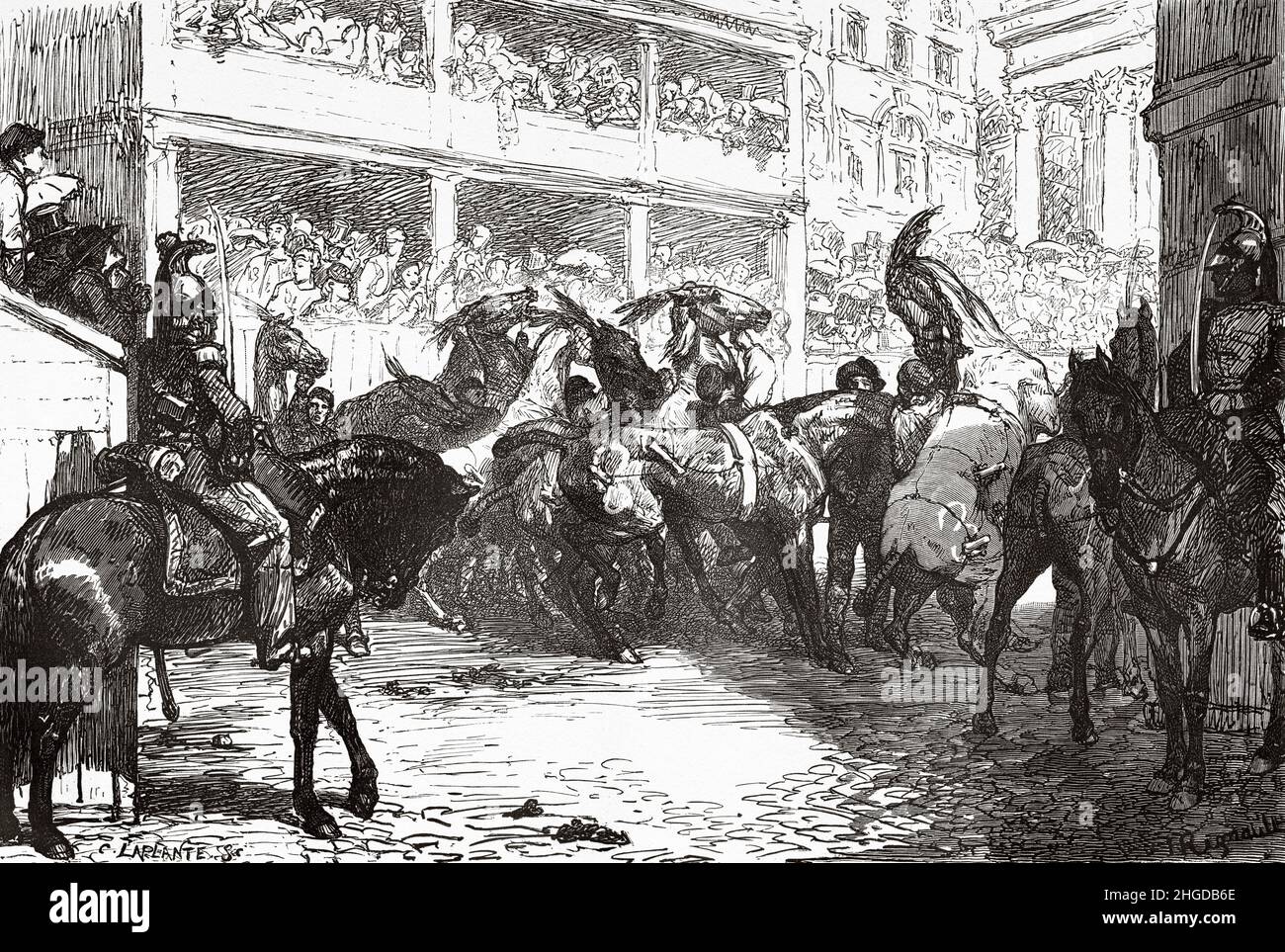 Course hippique gratuite, départ du barberi sur la place du peuple, Rome.Italie, Europe.Ancienne illustration gravée du 19th siècle de Voyage à Rome par Francis Wey, le Tour du monde 1870 Banque D'Images