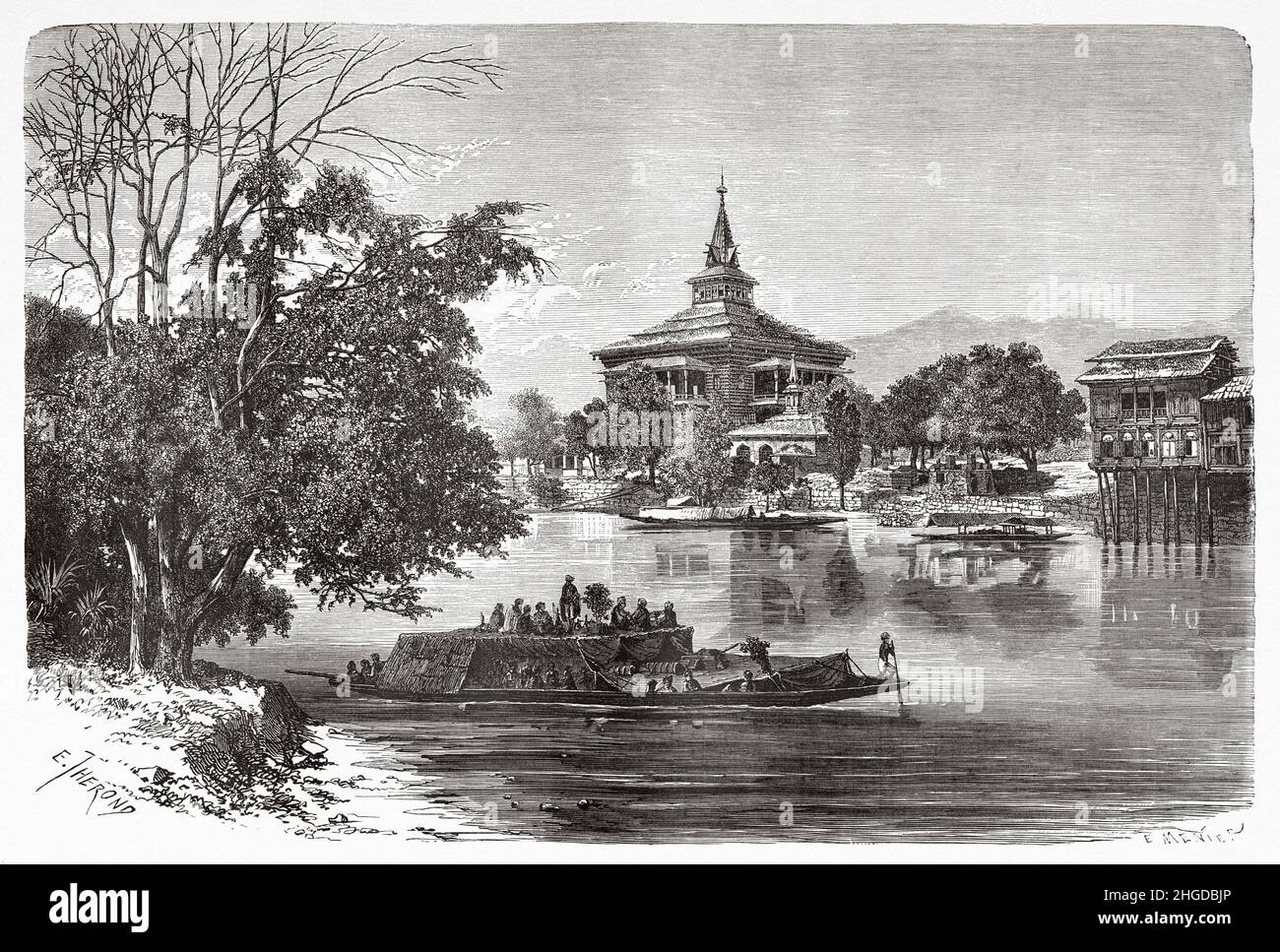 Mosquées de la rivière Jahelum à Srinagar, Cachemire.Inde, Asie.Vieux 19th siècle, illustration gravée du voyage au Punjab et au Cachemire par Guillaume Lejean, le Tour du monde 1870 Banque D'Images
