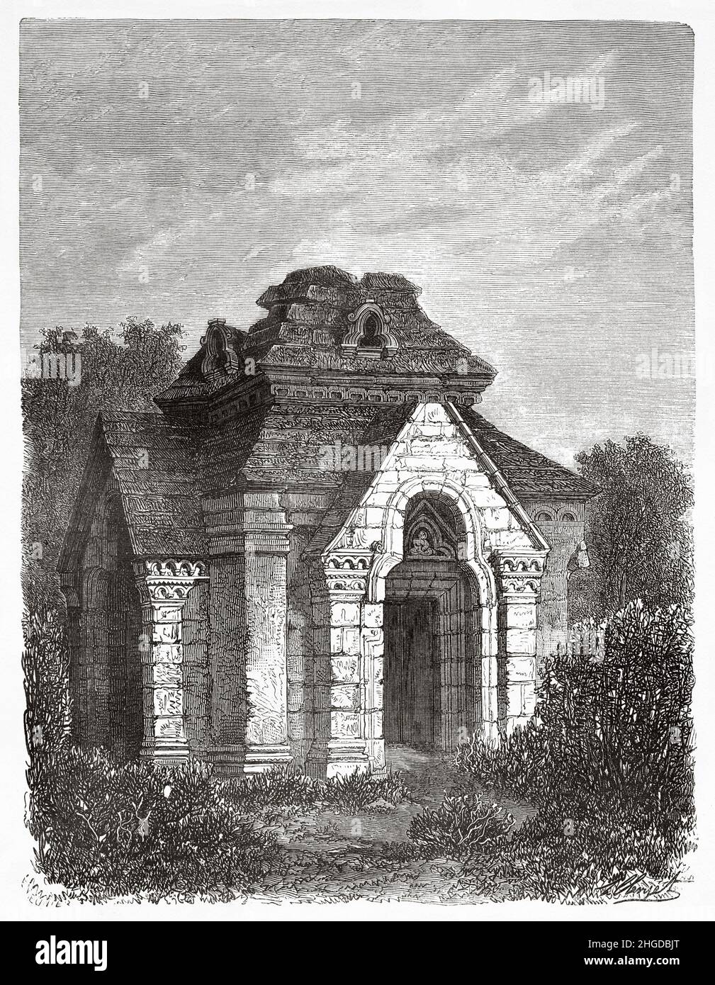 Pandrethan, Temple Shiva de Srinagar, Cachemire.Inde, Asie.Vieux 19th siècle, illustration gravée du voyage au Punjab et au Cachemire par Guillaume Lejean, le Tour du monde 1870 Banque D'Images