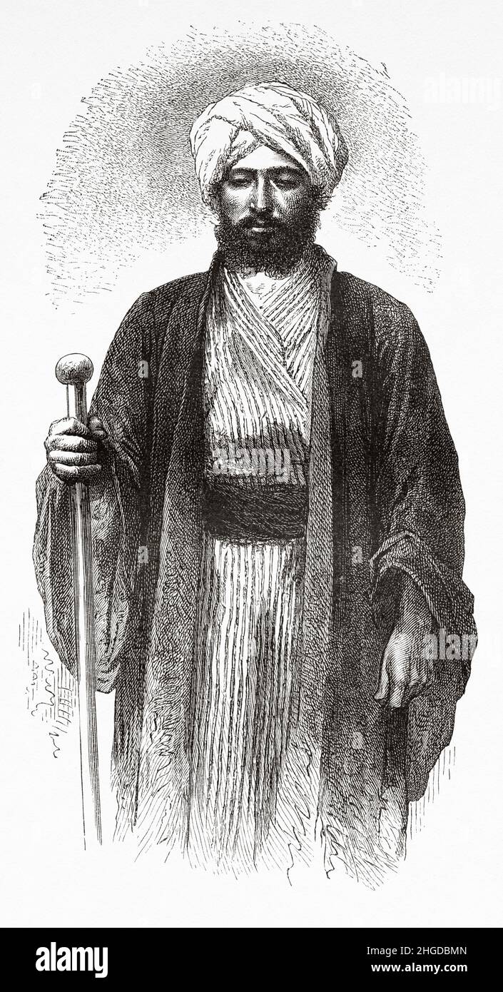 Portrait du docteur Leitner habillé en costume afghan typique, Asie.Vieux 19th siècle, illustration gravée du voyage au Punjab et au Cachemire par Guillaume Lejean, le Tour du monde 1870 Banque D'Images