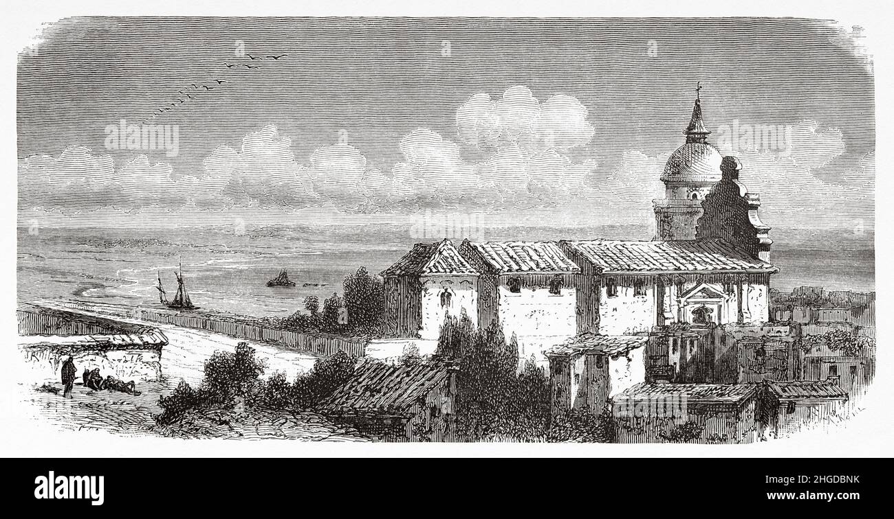 Cathédrale historique de St. Augustine, Floride, États-Unis d'Amérique.Vieux 19th siècle illustration gravée de quatre mois en Floride par Achille Poussielgue, le Tour du monde 1870 Banque D'Images