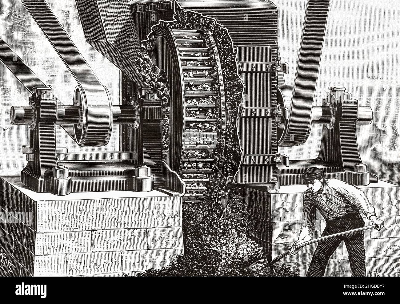 Meuleuse universelle inventée par Carr.Ancienne illustration gravée du 19th siècle de la nature 1884 Banque D'Images