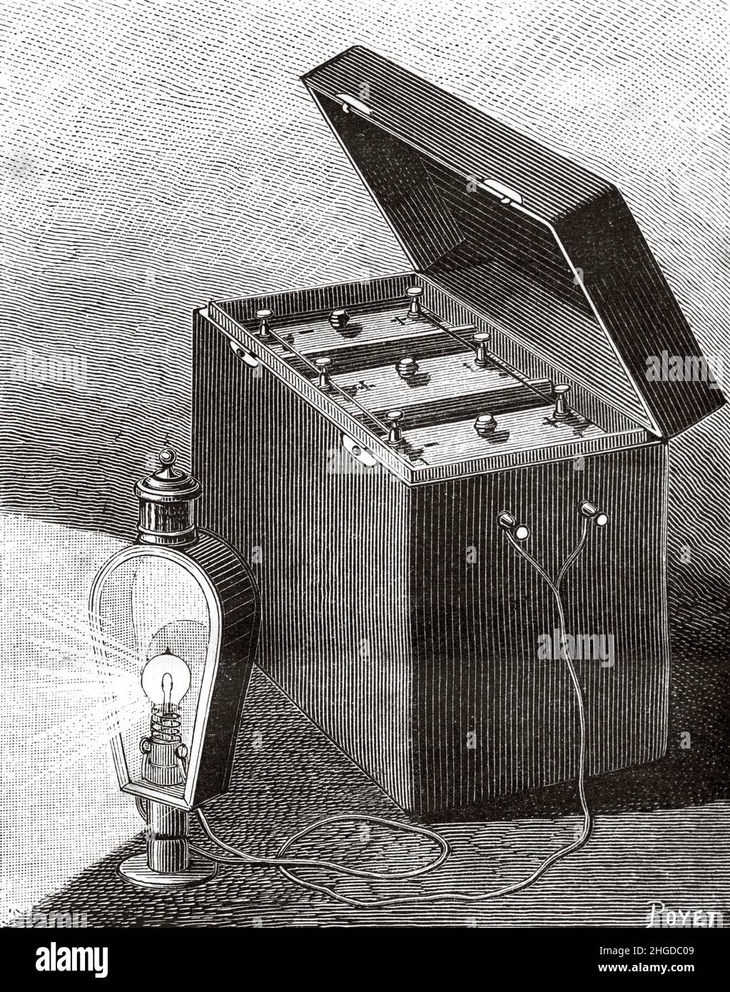Lanterne de voiture électrique avec compartiment à piles, qui peut être placée sous le siège du conducteur.Ancienne illustration gravée du 19th siècle de la nature 1884 Banque D'Images