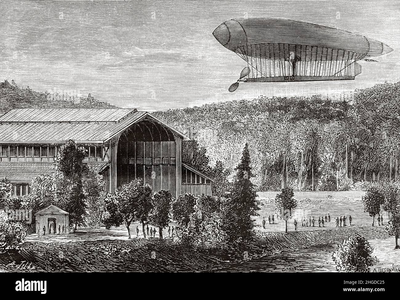 Le ballon d'aérostat électrique de Renard et Krebs, au-dessus de l'usine aéronautique de Molitaire de Chalais, Meudon, 9 août 1884, France.Europe.Ancienne illustration gravée du 19th siècle de la nature 1884 Banque D'Images