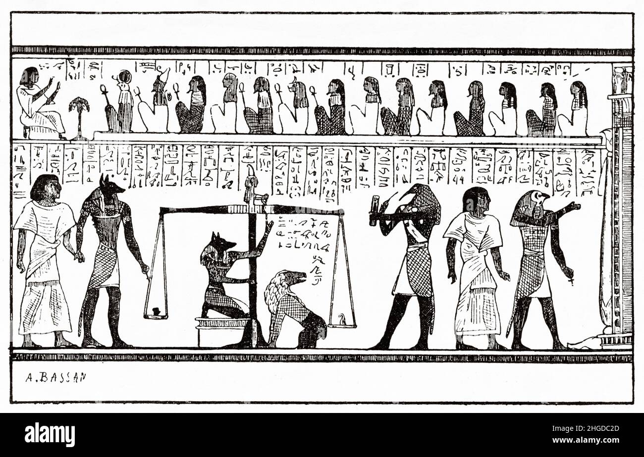 La pesée des âmes, du Livre égyptien des morts.Égypte.Ancienne illustration gravée du 19th siècle de la nature 1884 Banque D'Images