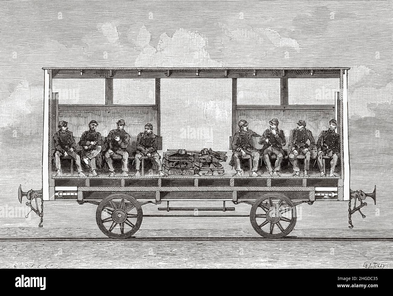 Transport militaire, chariot de transport avec bancs mobiles.Ancienne illustration gravée du 19th siècle de la nature 1884 Banque D'Images