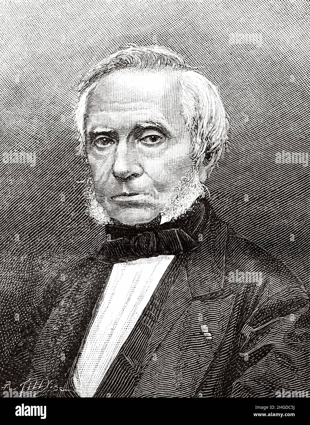 Eugène Bourdon (1808-1884) est horloger et ingénieur français.Il est l'inventeur du manomètre à tube de Bourdon pour lequel il a obtenu un brevet en 1849.Ancienne illustration gravée du 19th siècle de la nature 1884 Banque D'Images