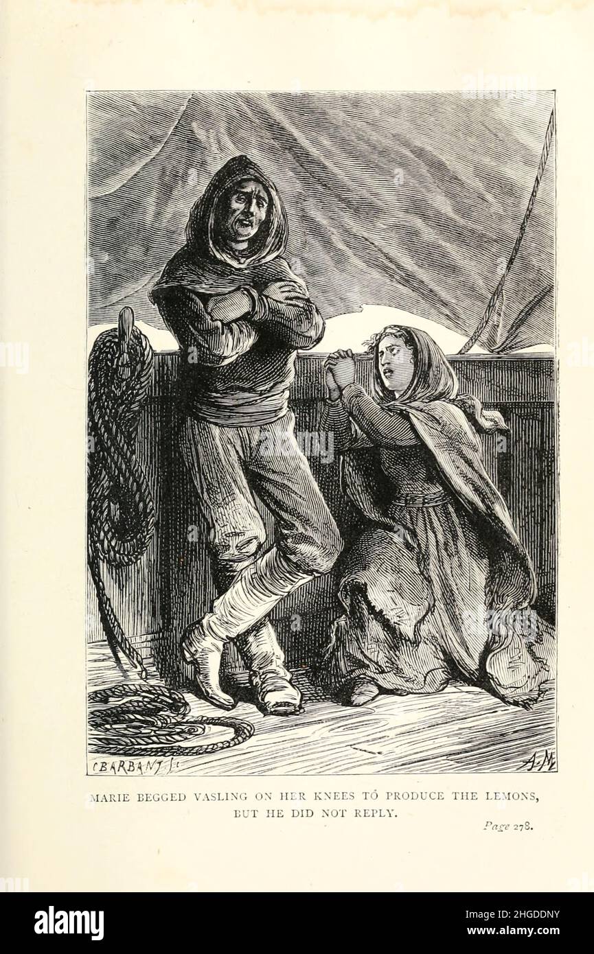 Marie a supplié Vashng à genoux pour produire les citrons, mais il n'a pas répondu Illustration d'Adrien Marie de ' A Winter Amond the Ice ' (Français: Un hivernage dans les glaces) est une courte histoire d'aventure de Jules Verne en 1855.L'histoire a été imprimée pour la première fois en avril–mai 1855 dans le magazine Musée des familles.Il a ensuite été réimprimé par Pierre-Jules Hetzel dans la collection Doctor Ox (1874), dans le cadre de la série Voyages Extraordinaires.Trois traductions en anglais (« Un hiver au milieu de la glace » par George MakePeace Towle, « Un hiver au milieu des champs de glace » par Abby L. Alger, et « Un séjour d'hiver dans la glace » Banque D'Images