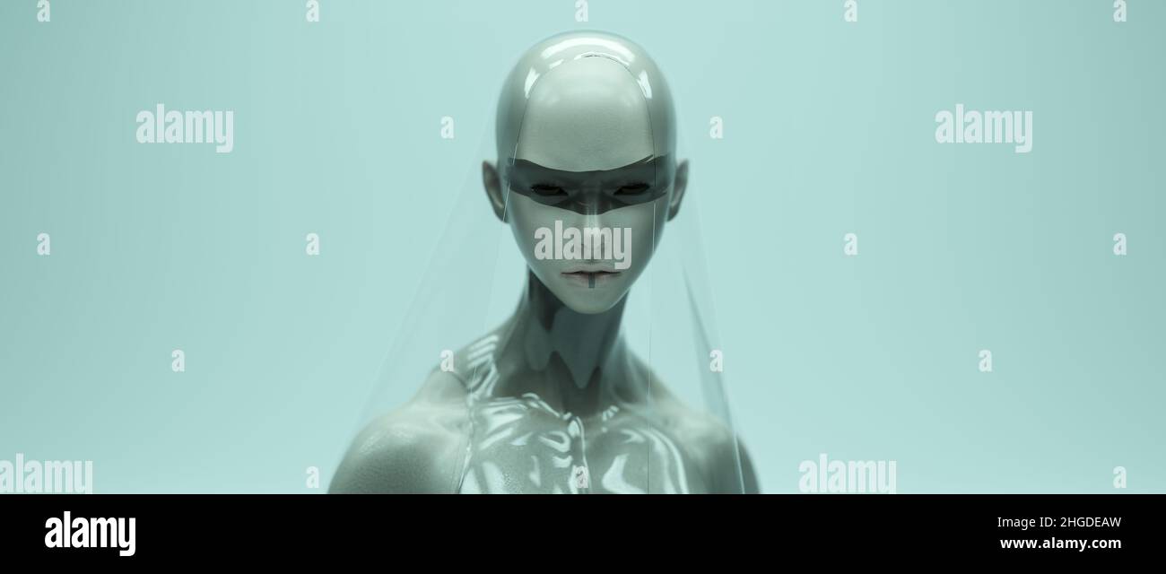 Femme Avatar visage Black Strip visage peinture maquillage Noir brillant Noir futuriste Alien plastique transparent Top et Veil Sci Fi concept 3D rendu d'illustration Banque D'Images