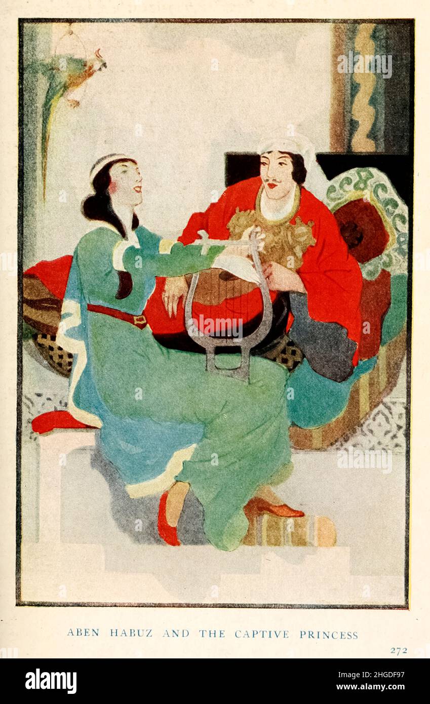 1920 l'illustration du peintre britannique William Otway McCannell dépeint le roi arabe de Grenade Aben Habuz avec sa princesse captive. Du livre ' Legends & Romances of Spain ' de Lewis Spence, éditeur de New York : F.A.Stokes en 1920 Banque D'Images