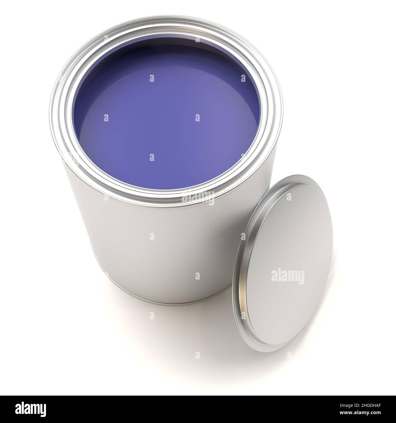 Un pot de peinture avec la couleur de l'année 2022 très Peri.Isolé sur blanc. Banque D'Images
