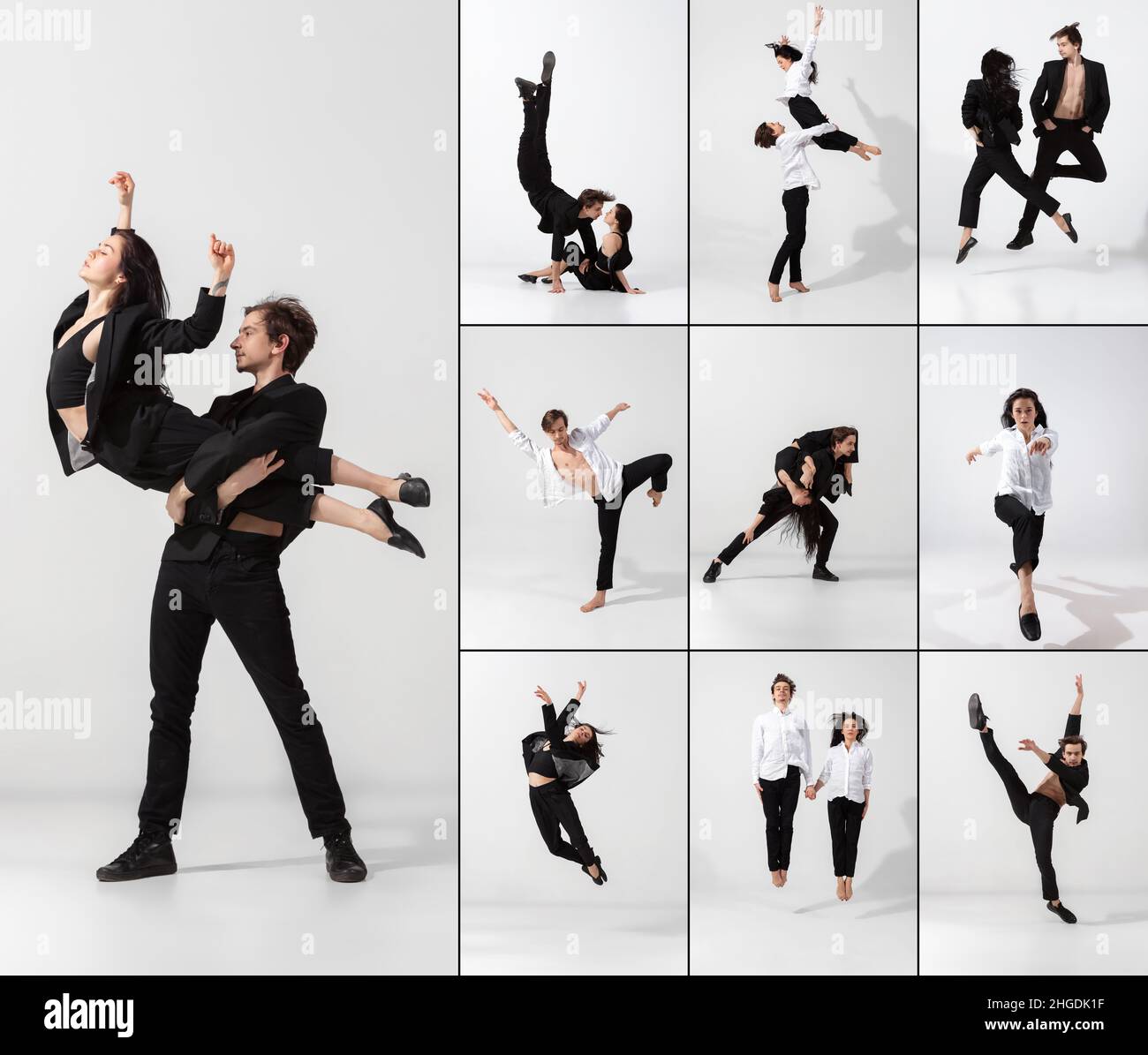 Collage de portraits de danseurs de ballet masculins et féminins dansant isolés sur fond blanc. Concept de l'art, du théâtre, de la beauté et de la créativité Banque D'Images