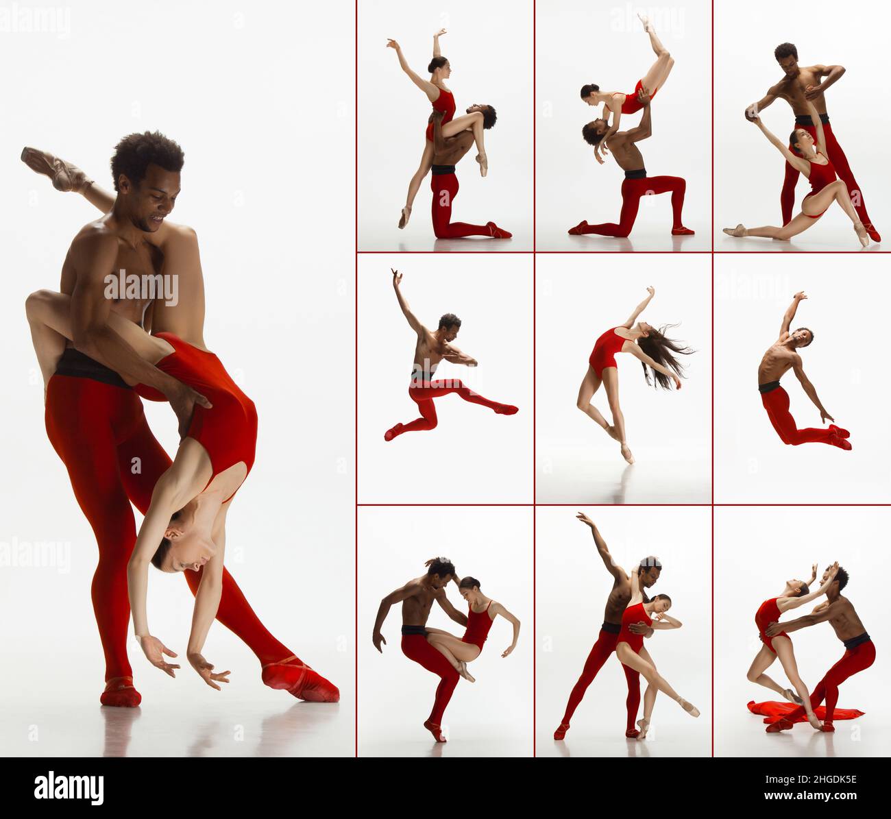 Collage de portraits de danseurs de ballet masculins et féminins dansant isolés sur fond blanc. Concept de l'art, du théâtre, de la beauté et de la créativité Banque D'Images