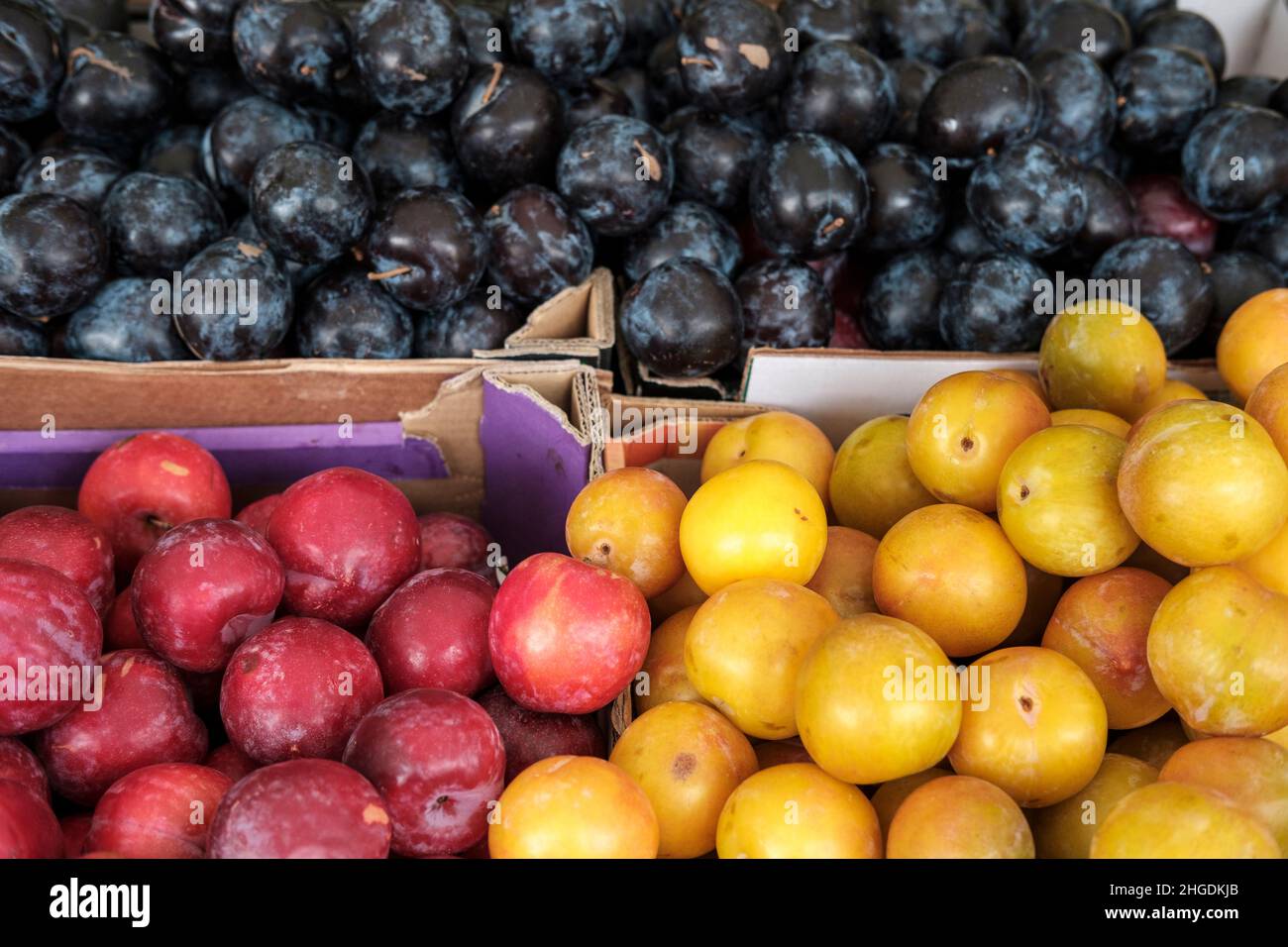 Prunes- prunes rouge , jaune et bleu à vendre, Farmers Market, Borough Market,London,UK Banque D'Images