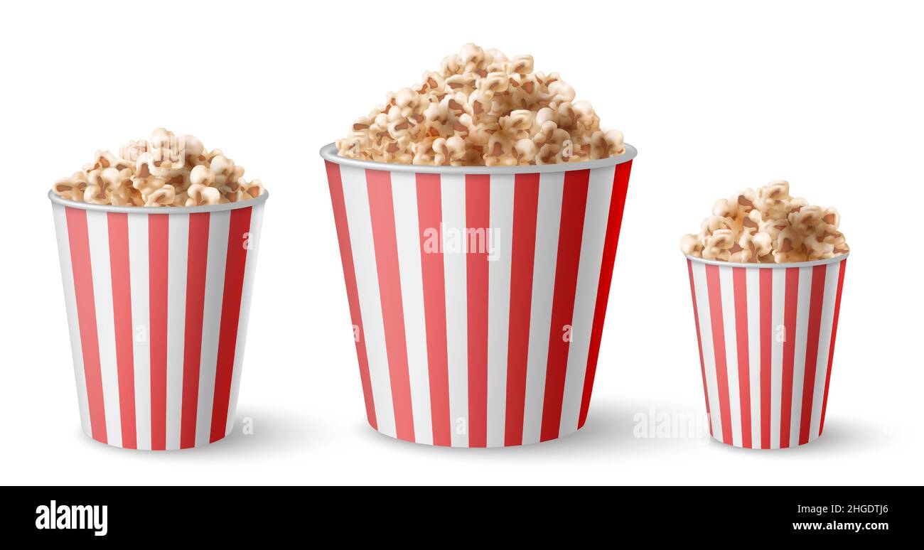 Seau à pop-corn réaliste, grand, moyen et petit.Tailles de gobelets en portion de maïs pop à rayures rouges.En-cas de cinéma.Ensemble de seaux à maïs soufflé Vector Illustration de Vecteur