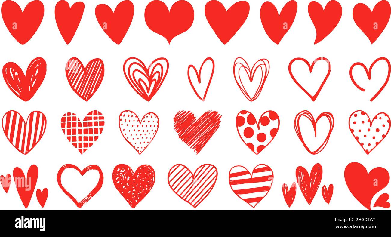 Motifs d'icônes en forme de coeur rouge plats, en forme de cocon et d'esquisse.Abstrait romantique symbole emoji.Ensemble de vecteurs coeurs de mariage et de Saint-Valentin dessinés à la main Illustration de Vecteur
