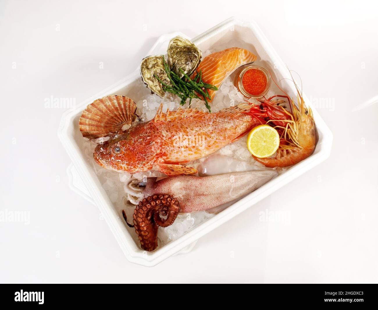 Boîte de transport avec poisson, nourriture de mer sur glace isolée sur fond blanc Banque D'Images