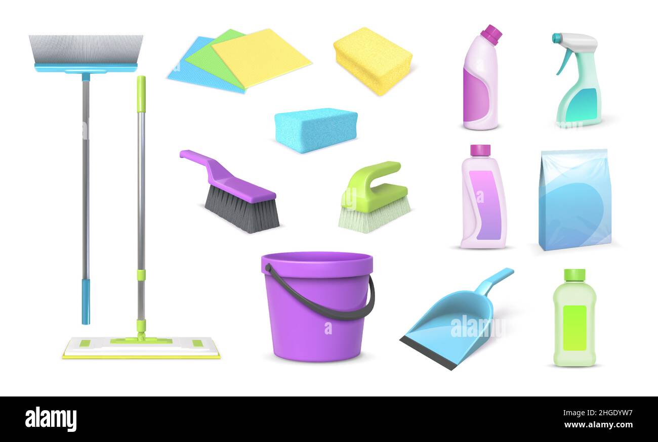 3D outils de nettoyage à domicile, balais, balais à franges et seau réalistes.Produits chimiques de nettoyage ménager et de lavage de vaisselle, chiffons et éponges ensemble vectoriel Illustration de Vecteur