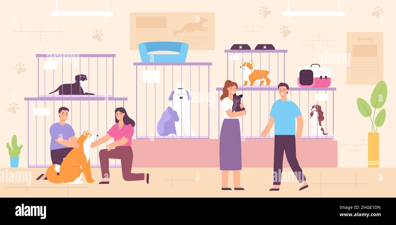 Des gens heureux et sans abri qui adoptent des chiens sans abri.Intérieur de la boutique pour animaux de compagnie ou du centre d'adoption avec cages cellulaires, chiens et propriétaires de vecteur concept Illustration de Vecteur