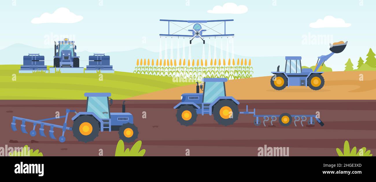 Bannière de machines agricoles avec paysage de champ agricole et tracteur.Moissonneuses-batteuses cultivant le sol pour la récolte.Concept vectoriel de l'industrie agricole Illustration de Vecteur