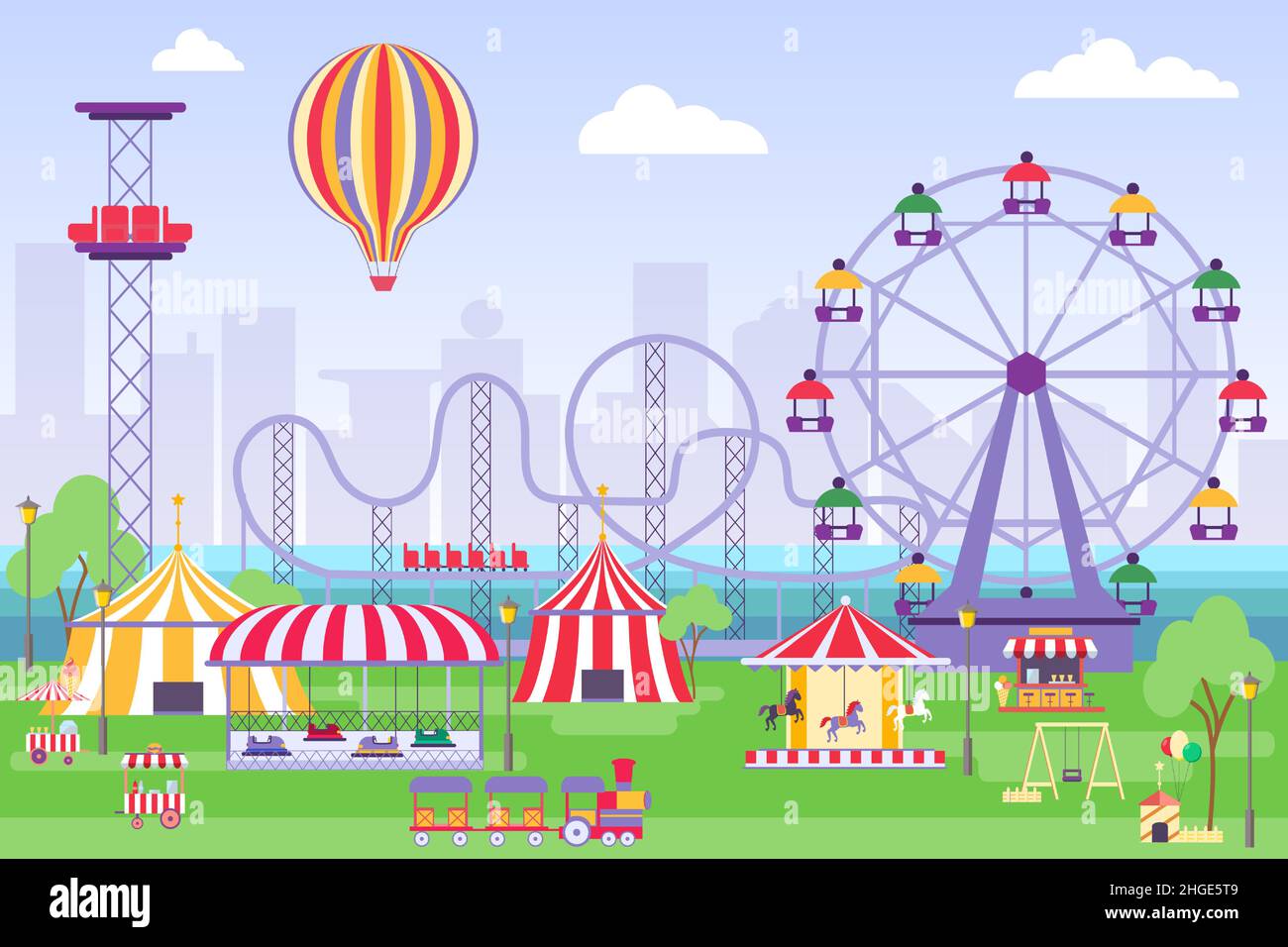 Parc d'attractions avec grande roue, tentes de cirque et carrousels.Parc d'attractions avec montagnes russes et concept de vecteur joyeux Illustration de Vecteur