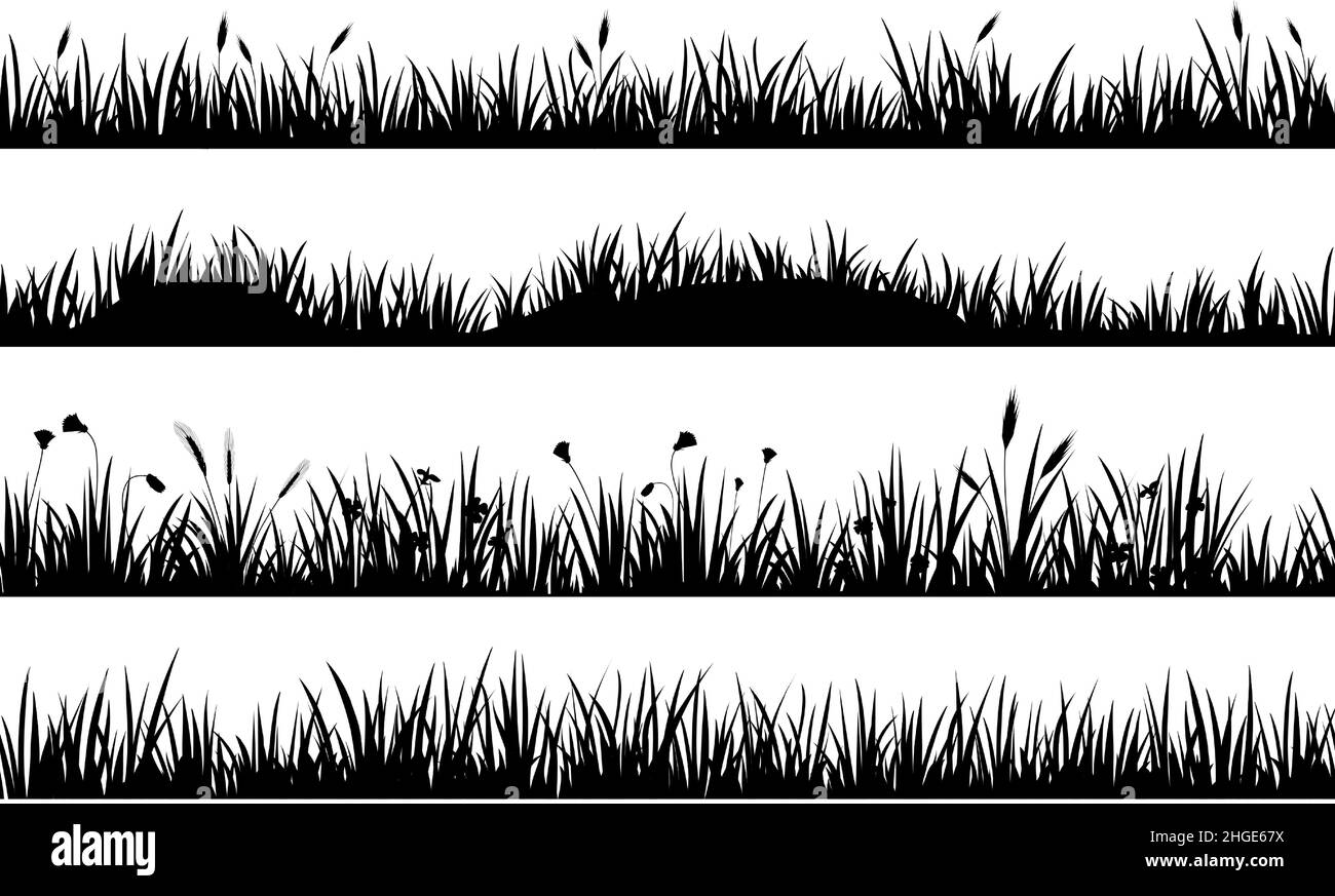Herbe de prairie avec fleurs et épillets, diviseurs silhouettes noires.Champ de herbage avec tufts.Ensemble de bordures horizontales pour pelouse Illustration de Vecteur