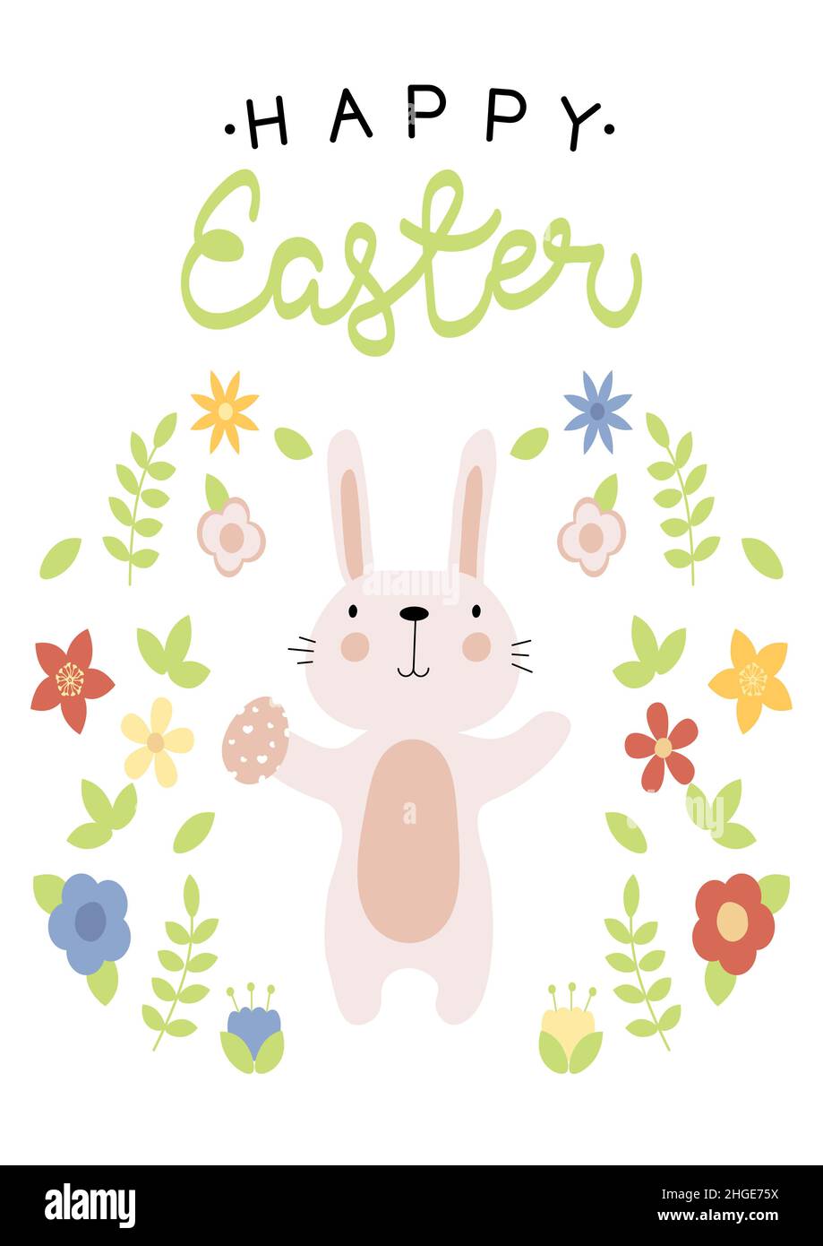 Illustration vectorielle de lapin avec oeuf de pâques et fleurs .Texte de voeux joyeuses Pâques.Conception pour le Web, le site, la bannière, l'affiche, la carte,impression papier Illustration de Vecteur