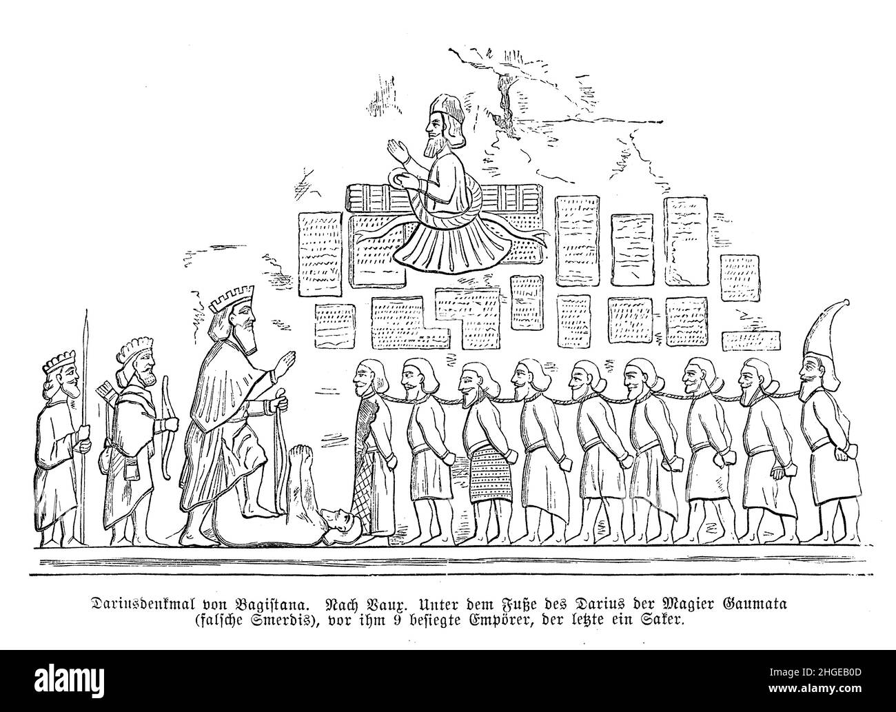 Darius le Grand monument et inscription sur le mont Behistun, la vieille Perse, avec la punition des imposteurs et des conspirateurs capturés Banque D'Images