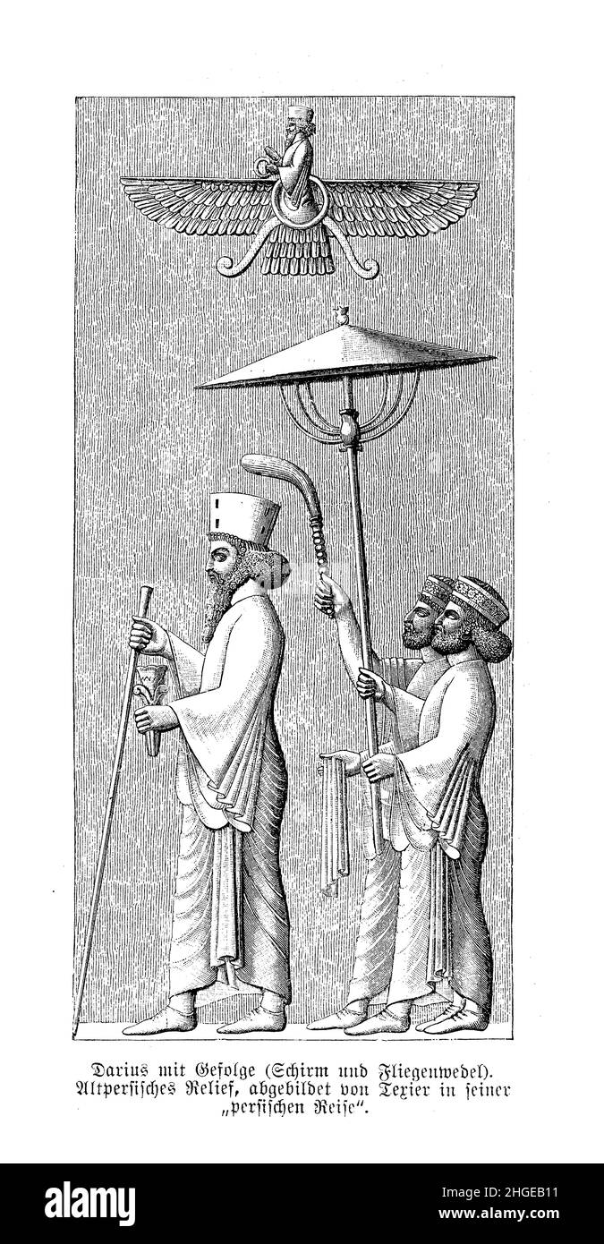 Roi Darius le Grand suivi de son cortège avec parasol et fouet Banque D'Images