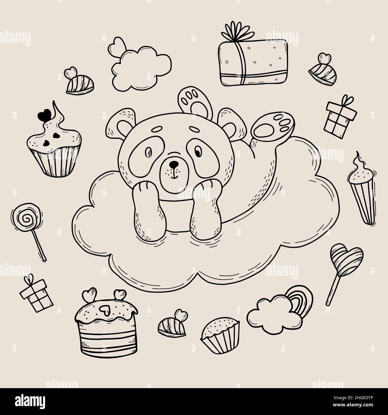 Collection avec panda mignon sur le nuage.Tout autour, il y a des cadeaux, des bonbons, des gâteaux et des bonbons, des sucettes et des arc-en-ciel.Illustration vectorielle.Ensemble de linéaire Illustration de Vecteur