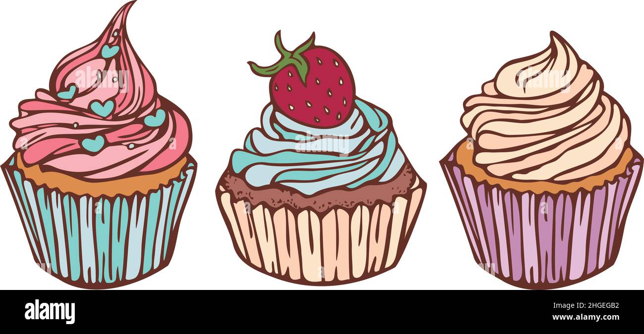 Illustration vectorielle avec collection de cupcakes colorés et représentés par une ligne.Confiseries isolées dessinées à la main. Illustration de Vecteur