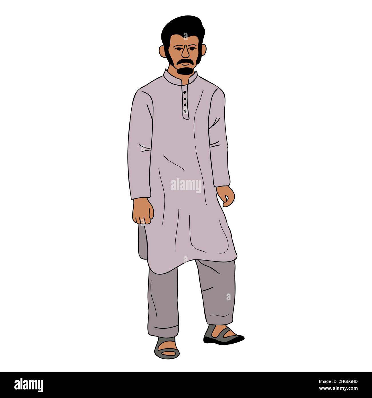 Jeune homme pakistanais portant le shalwar Kameez, kurta.Robe traditionnelle d'Asie du Sud, dessin vectoriel de tissu masculin à la chaux musquée Illustration de Vecteur