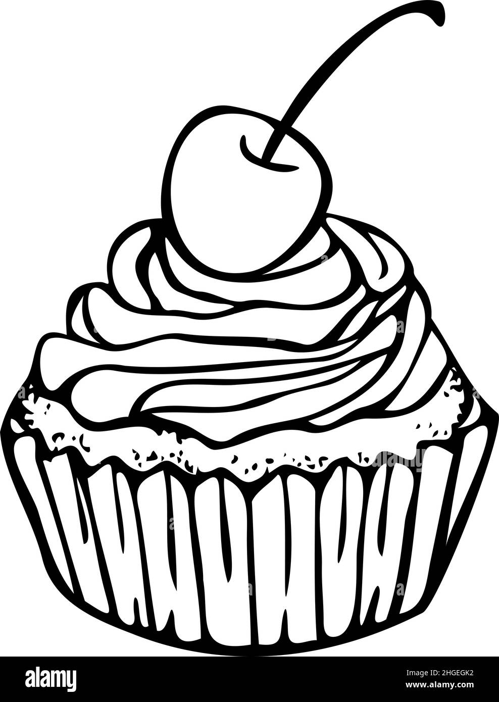 Illustration vectorielle d'un cupcake noir et blanc avec cerise sur le dessus.Design pour livre de coloriage. Illustration de Vecteur