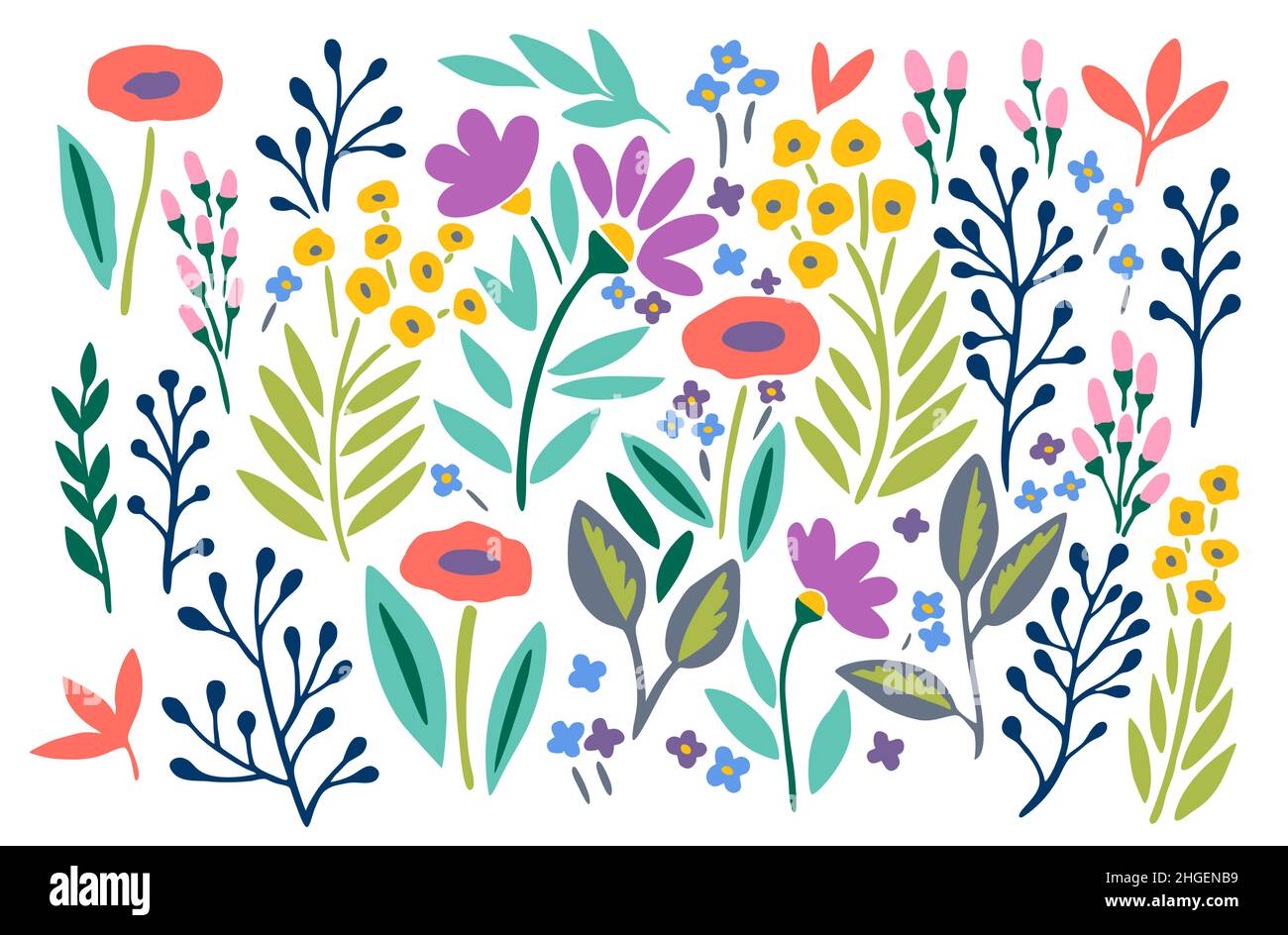 Grand ensemble de jolies fleurs tendance et d'éléments végétaux isolés sur fond blanc. Illustration de Vecteur