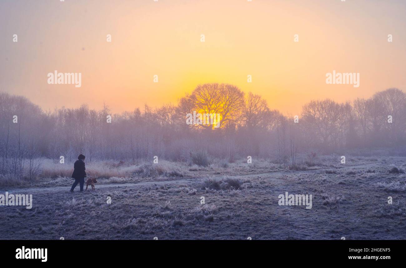Un paysage hivernal au Royaume-Uni au lever du soleil Banque D'Images