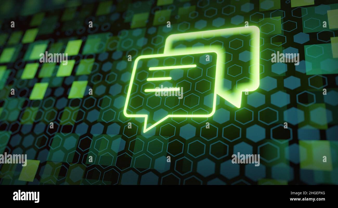 Icône de bulle de discussion avec circuit électronique.Fond bleu et dégradé. Banque D'Images