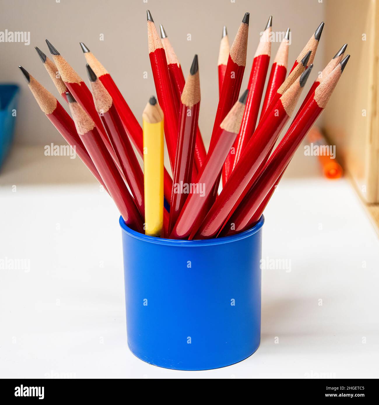 Crayons scolaires dans une tasse à crayons Banque D'Images