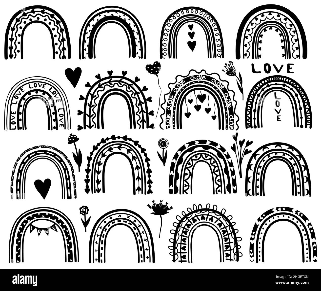 Arcs-en-ciel noir et blanc de style bohémien.Il y a des coeurs, des fleurs, des ballons comme le mariage de concept et la Saint-Valentin.Ensemble de banderoles, cartes et affiches Rainbows.Illustration de Vector Illustration de Vecteur