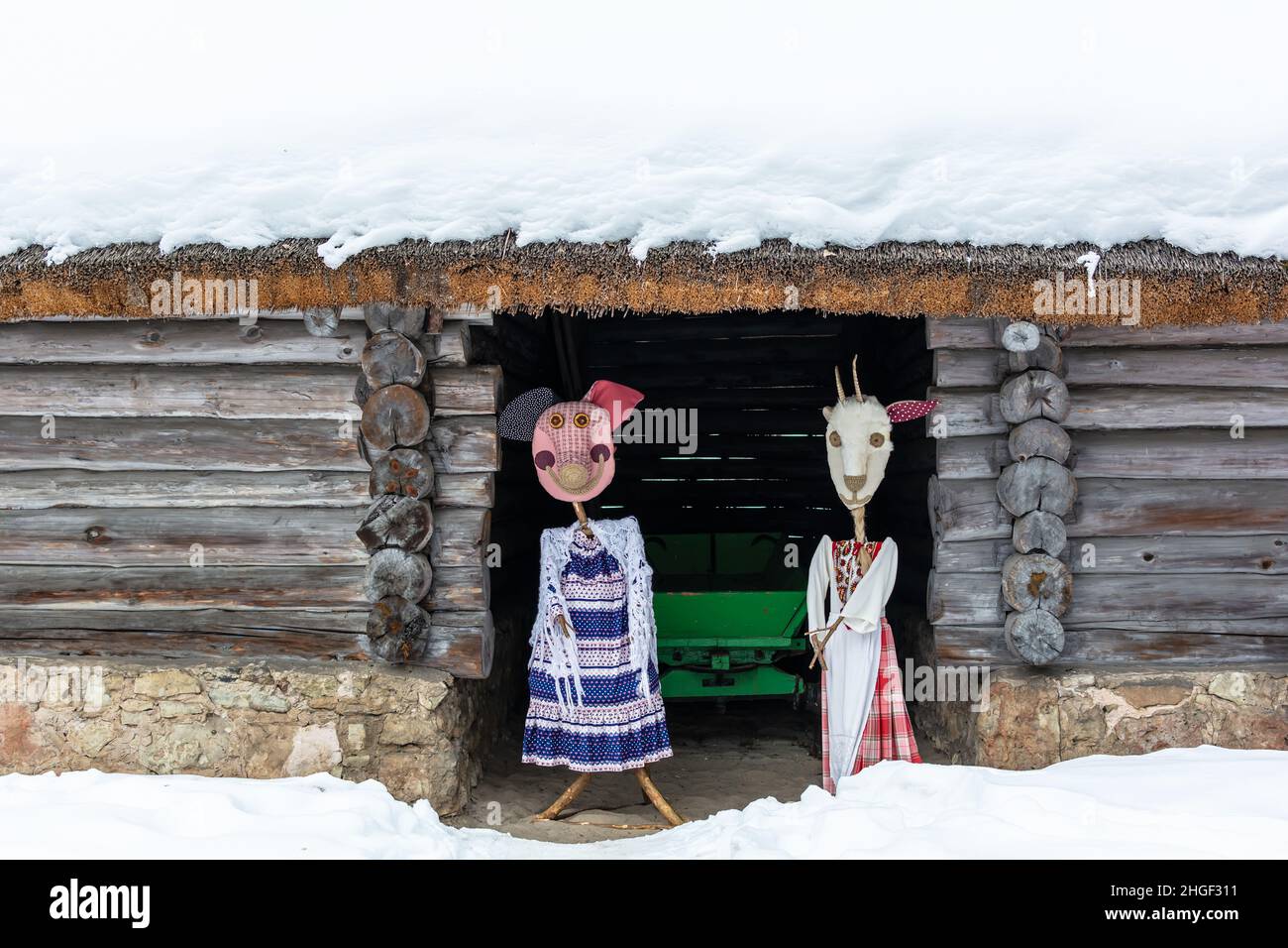 Poupées dans les masques de Meteņi et costumes de cochon et de chèvre debout à la maison de charrette de bois Banque D'Images