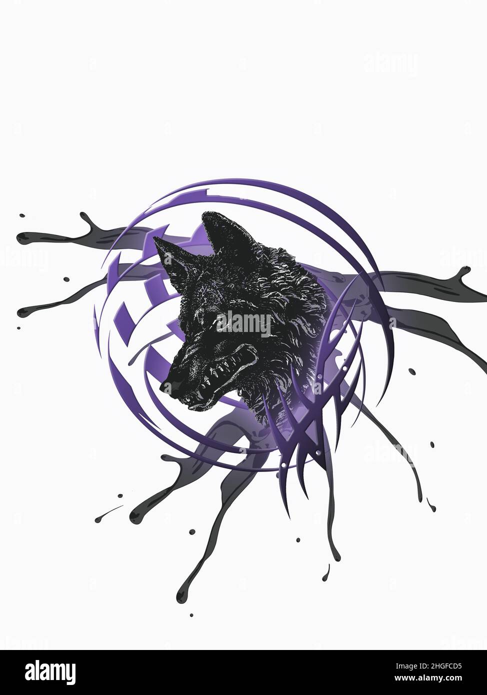 Loup noir à l'intérieur d'une sphère, motifs abstraits, taches de peinture sombres, rendu 3D Banque D'Images
