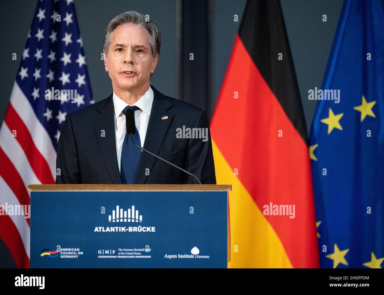 Berlin, Allemagne.20th janvier 2022.Le secrétaire d'État américain Antony Blinken parle lors d'un événement à Berlin.Credit: Bernd Von Jutrczenka/dpa Pool/dpa/Alay Live News Banque D'Images