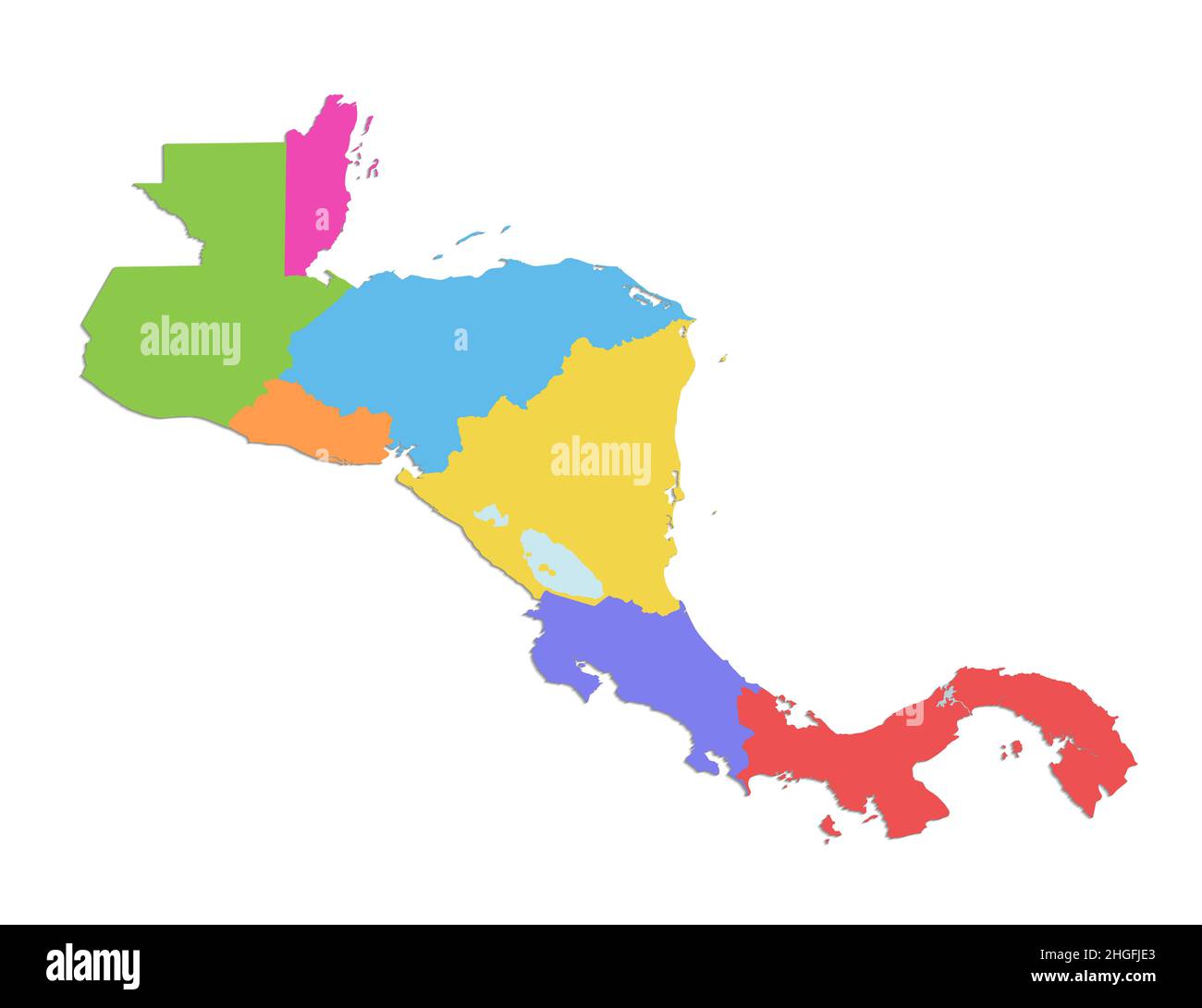 Carte d'Amérique centrale, États individuels séparés, carte couleur isolée sur fond blanc, vierge Banque D'Images