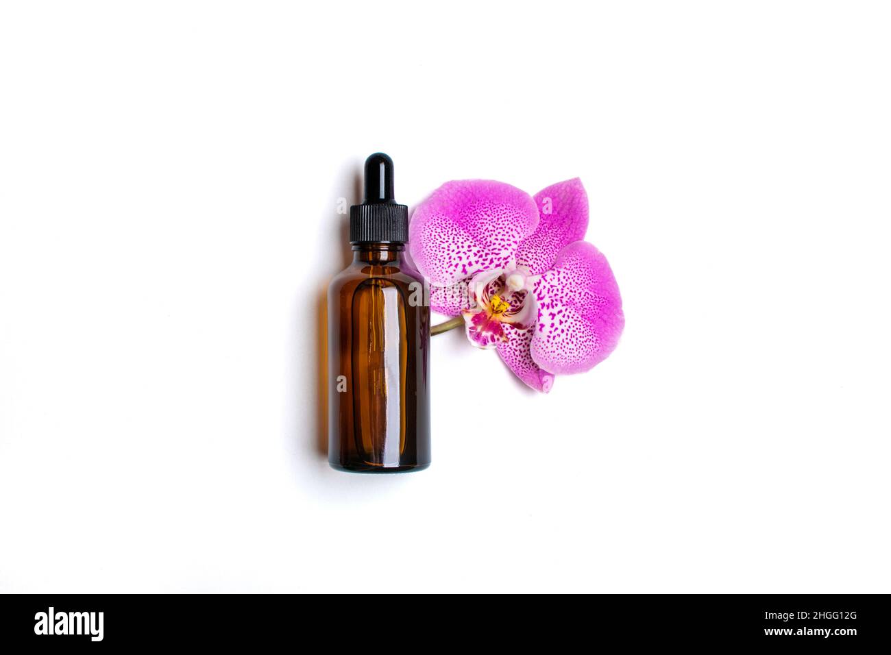 Bouteille cosmétique en verre avec huile naturelle hydratante, orchidée violette isolée sur fond blanc vue du dessus Flat Lay Eco, bio, zéro déchet, produit organique Banque D'Images
