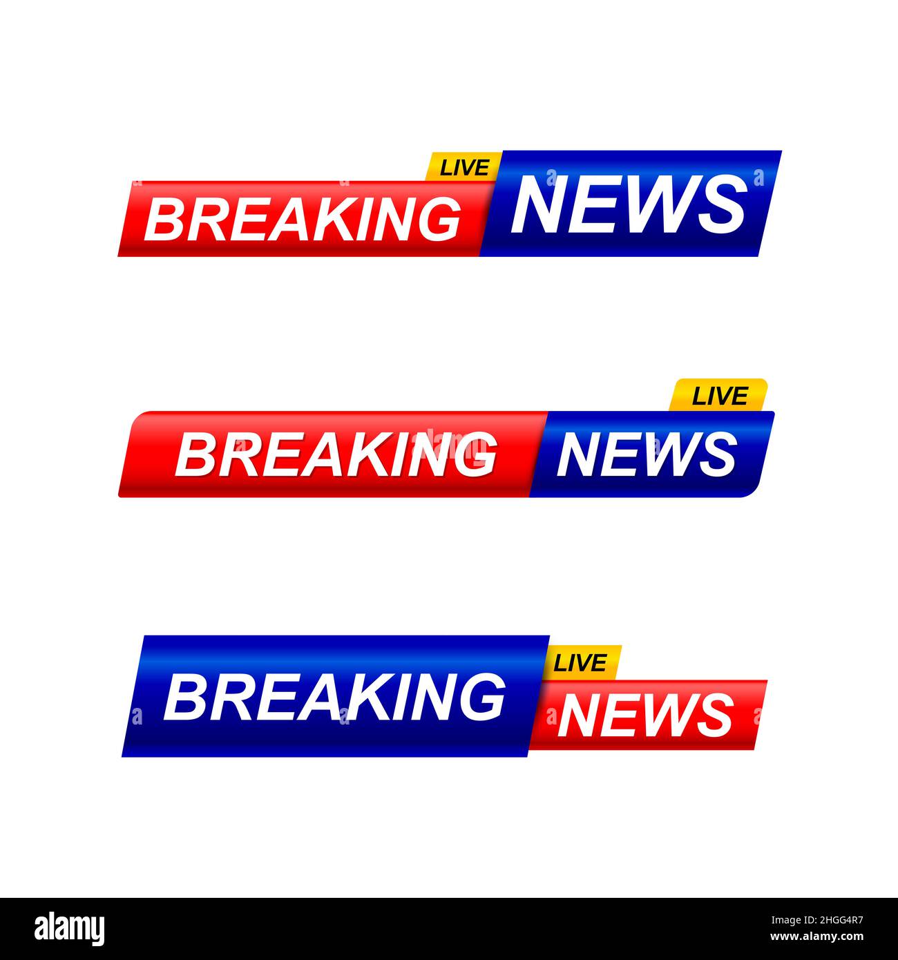 Jeu de modèles Breaking News, collection de titres de programmes TV sur fond blanc.Texte Breaking News sur une étiquette et un badge. Style élégant et moderne, Banque D'Images