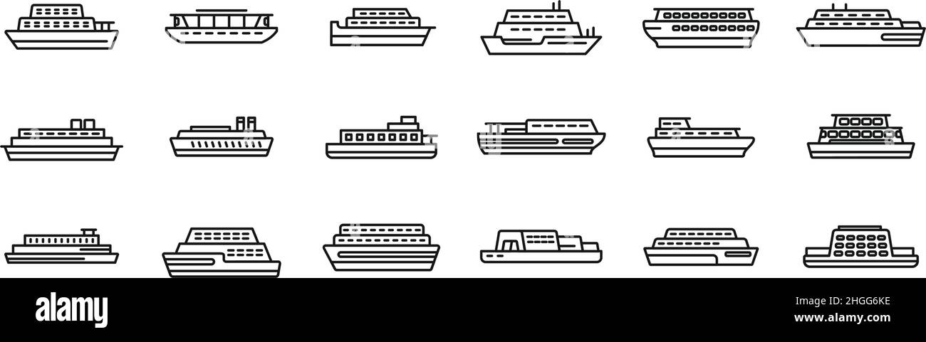 Les icônes de ferry définissent le vecteur de contour.Livraison en bateau.Fret public Illustration de Vecteur