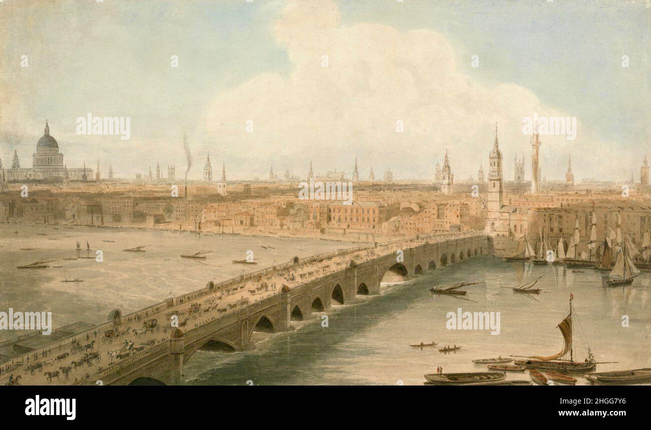 William Daniell - vue sur le pont de Londres et la cathédrale Saint-Paul - 1804 Banque D'Images