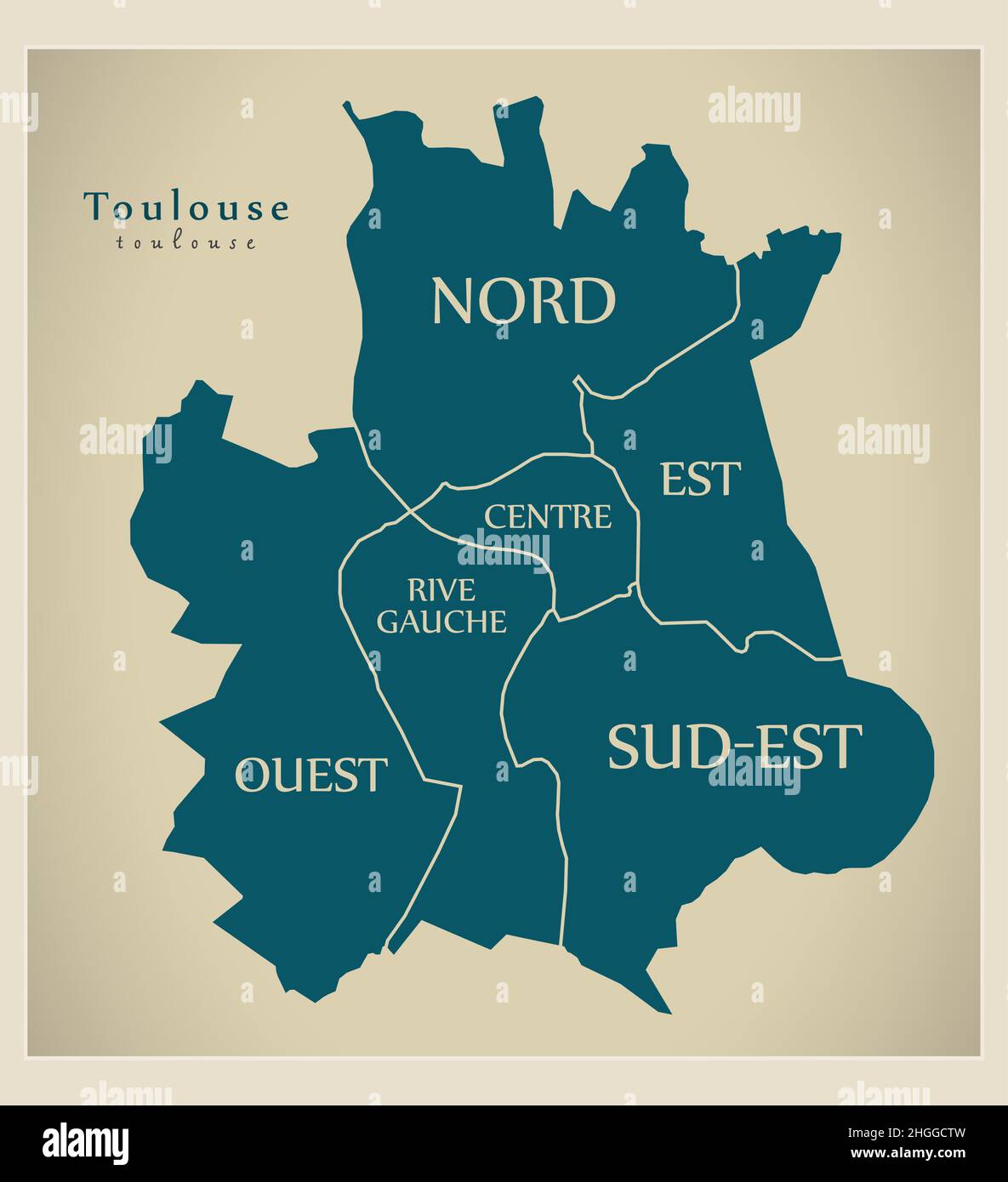 Carte moderne de la ville - Toulouse ville de France avec quartiers étiquetés Illustration de Vecteur