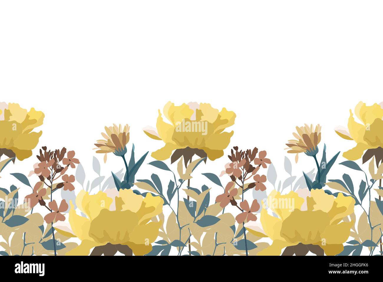 Motif fleuri vectoriel sans couture, bordure.Conception panoramique horizontale avec fleurs jaunes isolées sur fond blanc. Illustration de Vecteur